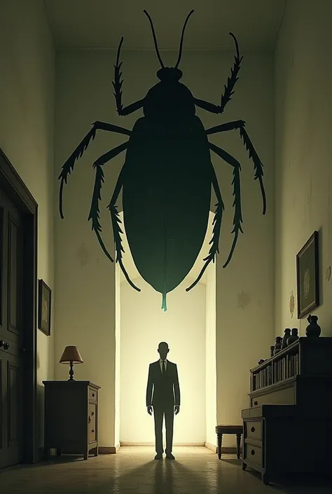  Image that represents and describes what happens in the metamorphosis novel by Kafka,Try not to make the image so grotesque ,Dont draw people,Only the silhouette of the bug in the room 