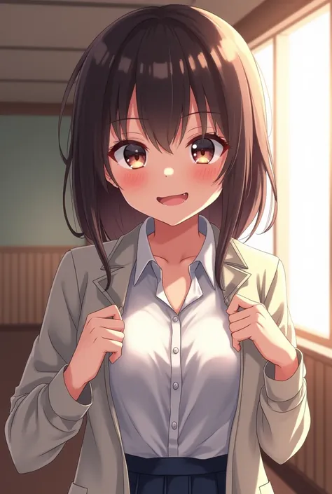 Do a hentai of a schoolgirl opening her button-down shirt showing her breasts with a naughty face 