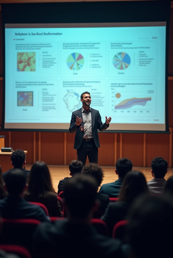 man giving a lecture ,  with a large panel behind him showing his presentation in PowerPoint .  He stands in front of an auditorium full of people attentive to the data presented. 