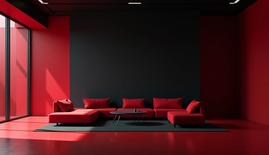 "Incorporate a black wallpaper as the backdrop within the showroom. The wallpaper should be clean and smooth, providing a strong contrast against the red interior and making the setting feel modern and sophisticated."