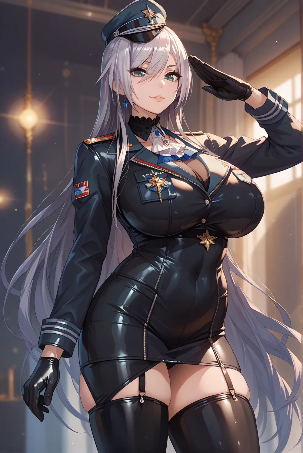 shirase-sakuya,(black latex suits,military uniform,heneley neck,tight-fitting,stocking,latex gloves,)salute,((gigantic huge bust...