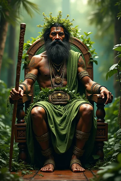 African, goatee, man,  dressed with plants and green clothes,  carved wooden throne , Leggings,  wooden cane , amazon rainforest, crown of plants, Amputated.