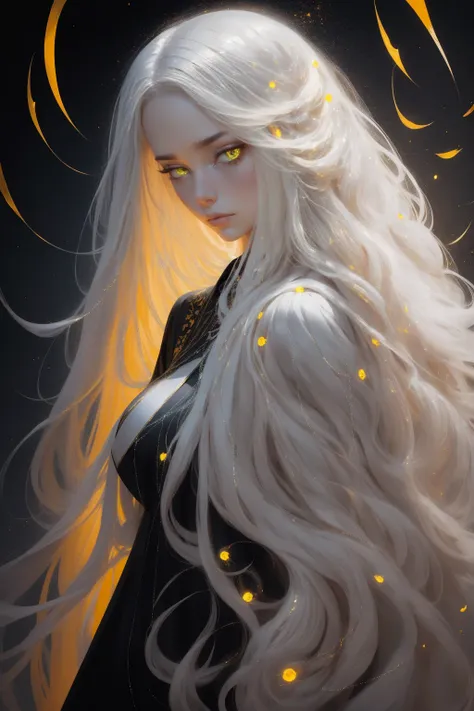 {-erro_de_anatomia:1.0} she has very long hair, flowing white hair (waves) and pale, almost ethereal skin. Her eyes are a deep yellow, giving her an otherworldly appearance. She dresses in flowing robes of dark golden and black, often adorned with symbols ...