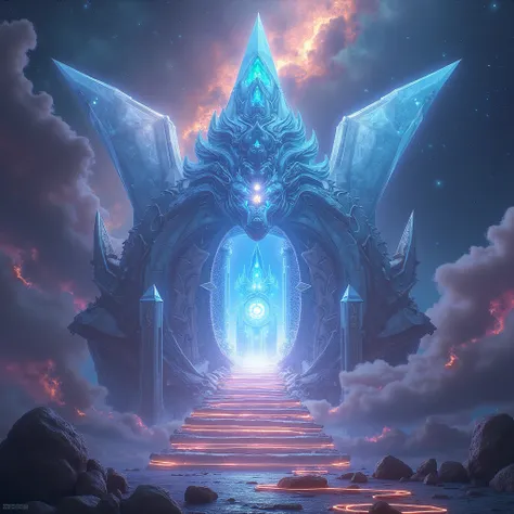 dragon portal stargate, on a floating crystal temple in a nebula of color, in space