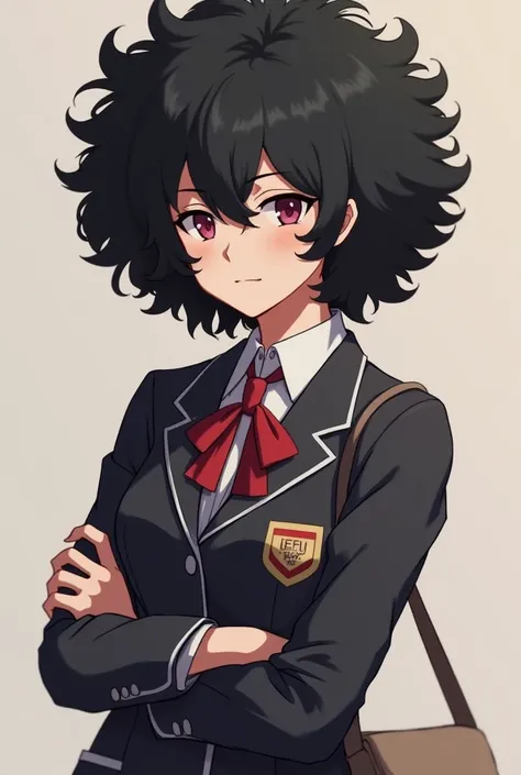 Un personnage féminin noir avec des cheveux bouclés dans les traits de My hero academia portant des vêtements scolaires UA