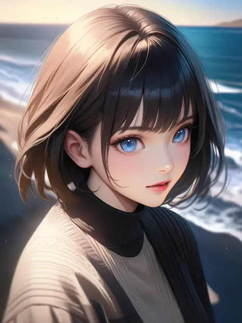 a girl, looking for ocean, background in outdoors, sweater, ocean night, [Realistic style: Anime style: 0.1], BREAK  8k, 32k, Masterpiece, UHD:1.5, Highres, Sharp Focus, Best Quality, Depth of Field, Cell shading, 
 Cinematic Lighting, Anime Light, Detaile...