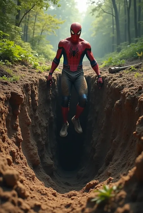 Spider-Man digs a deep hole, so deep that it is taller than him. His body is covered in dirt from the digging. The setting is in a forest.