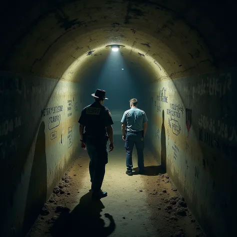 "A realistic depiction of police officers inside an underground tunnel, investigating its length and structure. The tunnel walls are rough and uneven, with dirt scattered on the floor. On the walls, there are strange markings and cryptic writings, as if so...