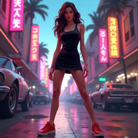 A white 22yo girl, realistic epic, vice city, legs apart, Short black sun dress and red sneakers, standing legs apart