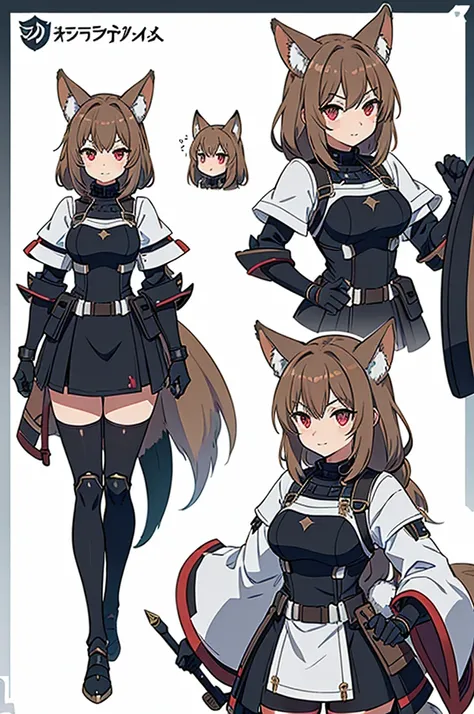  black background with spotlights、　kishi-v2(Knight with a shield 、Armored、rabbit,  brown hairの毛、 Red Eyes,  1 girl),　 white jacket、I put on black tights、  1 girl, in ,  fox girl, in female,  fox ears,  animal ears  , Nazuna_Hiwatashi,  brown hair,Long Hair...