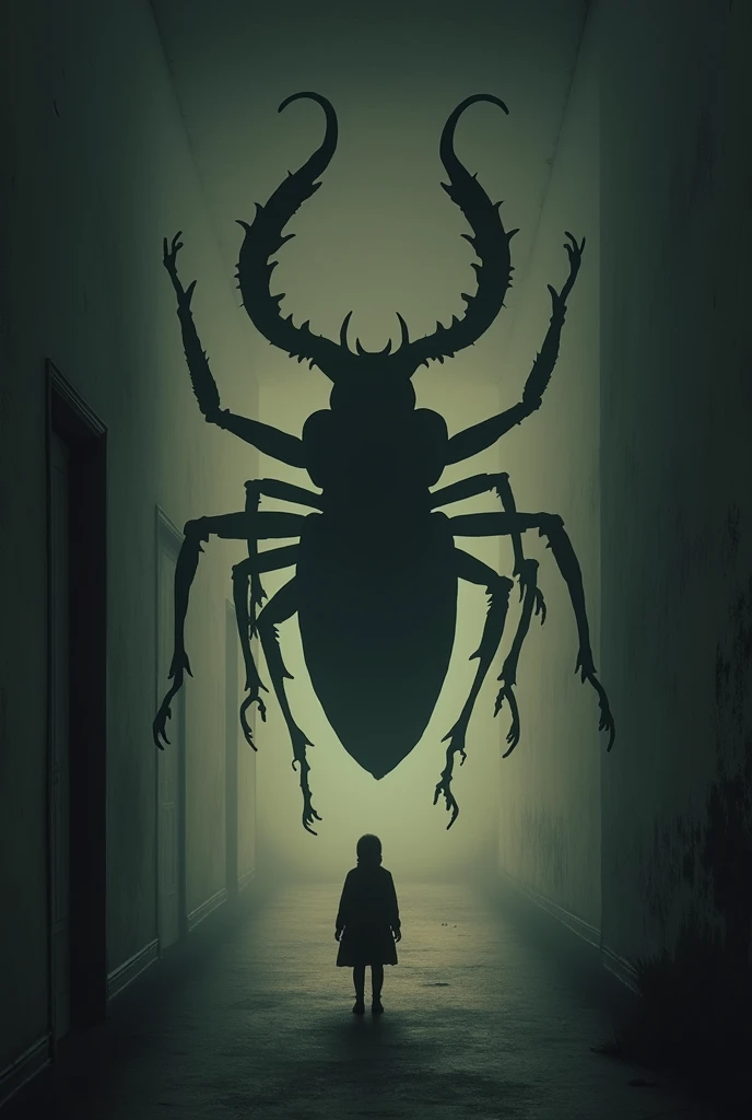  Image that represents and describes what happens in the metamorphosis novel by Kafka,Try not to make the image so grotesque ,Dont draw people,Only the silhouette of the bug in the room,dont draw humans