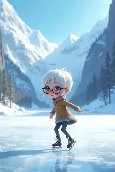 White-haired girl wearing glasses is learning to skate on ice