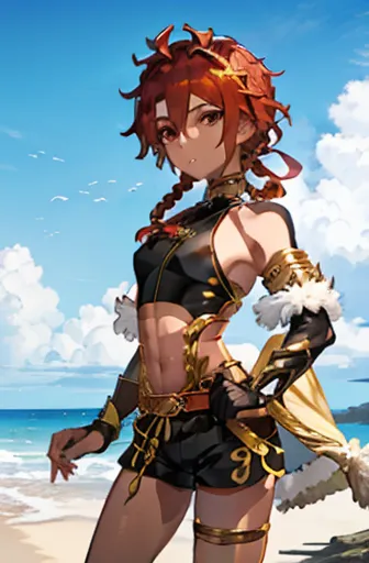 alexander (fate gran order) on the beach wearing shorts with gold and black details with her toned body