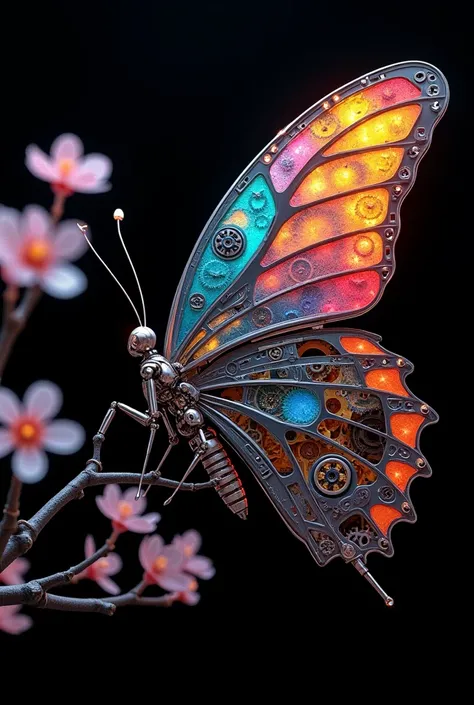 Real type, black background, a large detailed robot butterfly, Small Zoo, is seen from above on a branch of a robot cherry blossom tree. The beautiful mechanical parts of ORIENT GALLUCCI skeleton watch are artistically arranged in rainbow colors all over t...