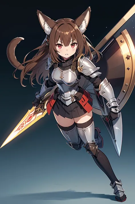  black background with spotlights、　kishi-v2(Knight with a shield 、Wear armor ,  brown hairの毛、 Red Eyes,  1 girl),　I put on black tights、  1 girl, in ,  fox girl, in female,  fox ears,  animal ears  , Nazuna_Hiwatashi,  brown hair,Long Hair, red eyes, (Anim...