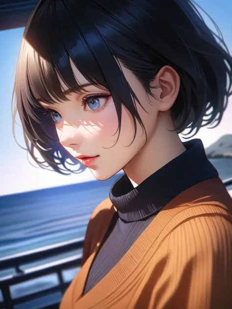 a girl, looking for ocean, background in outdoors, sweater, ocean night, [Realistic style: Anime style: 0.1], BREAK  8k, 32k, Masterpiece, UHD:1.5, Highres, Sharp Focus, Best Quality, Depth of Field, Cell look shading, 
 Cinematic Lighting, Anime Light, De...