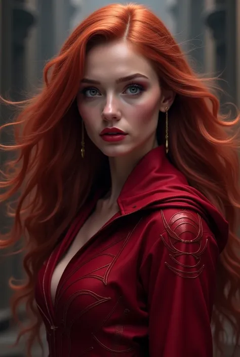 a beautiful young scarlet witch girl, detailed face, striking eyes, long eyelashes, flowing red hair, scarlet costume, dramatic pose, dark mysterious background, cinematic lighting, digital painting, highly detailed, photorealistic, 8k, best quality, maste...