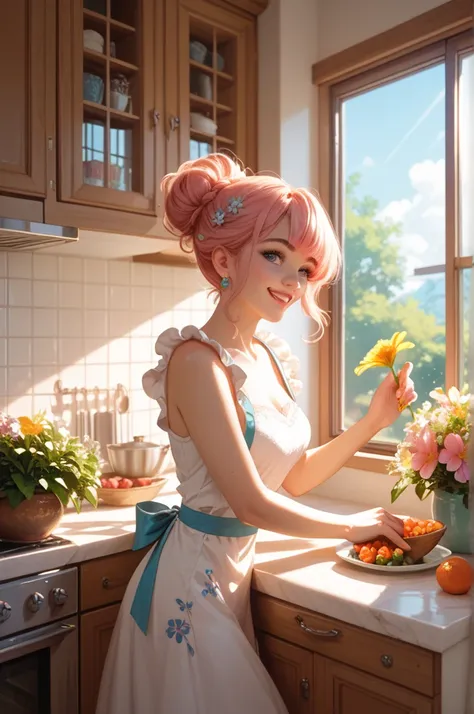  Beautiful Girl, Surprising flowers in a kitchen, window, sunlight, smile,  volumetric light , colorful.