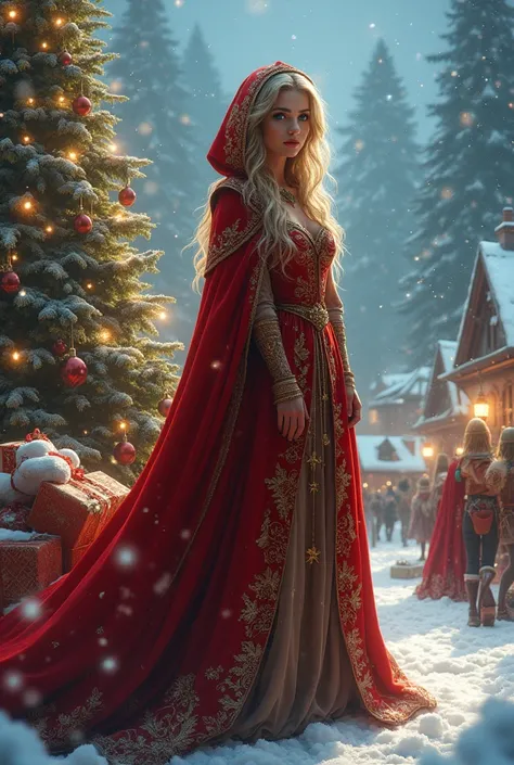 A breathtaking beautiful mother Christmas woman , big blue eyes beautiful ,        
  dressed in a long Christmas dress with her red hoodie , with a red bag with lots of presents ,  a Christmas pine tree adorned with balls .                very elaborate g...