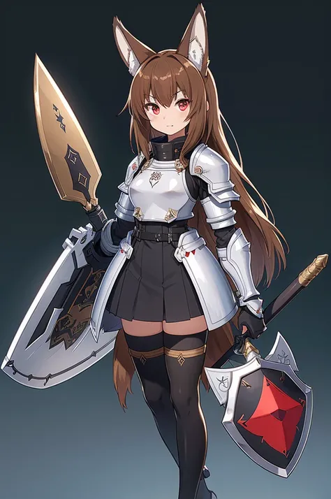  black background with spotlights、　kishi-v2(Knight with a shield 、Wear armor ,  brown hairの毛、 Red Eyes,  1 girl),　I put on black tights、  1 girl, in ,  fox girl, in female,  fox ears,  animal ears  , Nazuna_Hiwatashi,  brown hair,Long Hair, red eyes, (Anim...