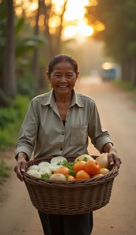 "An Indonesian mother walks the streets of a village with a basket filled with traditional food. He wears a simple shirt,  looks excited despite her tired face . The morning sun has just risen ,  illuminates the trees by the roadside ."