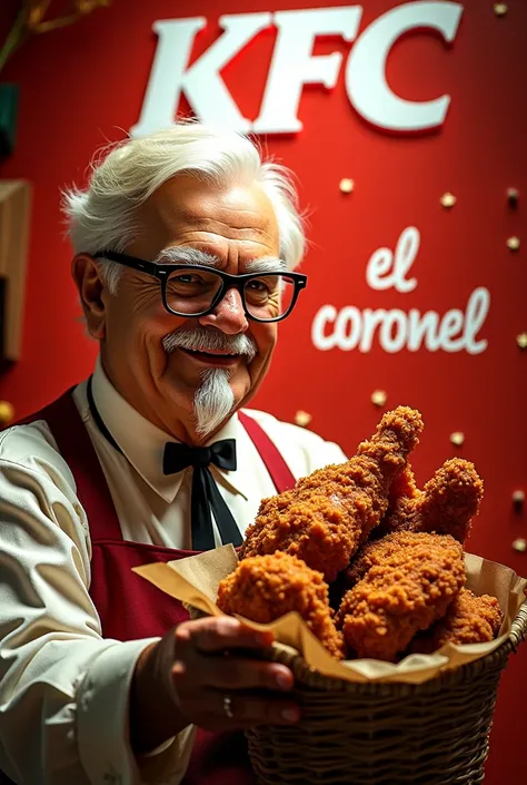 Advertising of kfc , s recipe where the founder ,  appears the brands logo and the phrase "Colonel " in Spanish