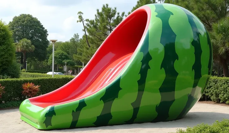 Full view 3d watermelon a colorful slide. The slide is 3d watermelon . The top part of the slide is red and the bottom part is green. 