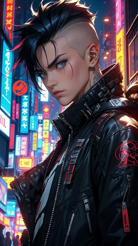 (masterpiece:1.1), (Best Quality:1.1),, (smoother lighting:1.05), (Improve the quality of cinematic lighting:0.9), 1 girl, cyberpunk, Samurai Jacket: A replica of Johnny Silverhands iconic jacket, featuring bold graphics and a sleek design Long, Mohawk: A ...