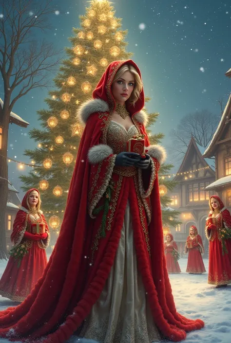 A breathtaking beautiful mother Christmas woman , big blue eyes beautiful ,        
  dressed in a long Christmas dress with her red hoodie , with a red bag with lots of presents ,  a Christmas pine tree adorned with balls .                very elaborate g...