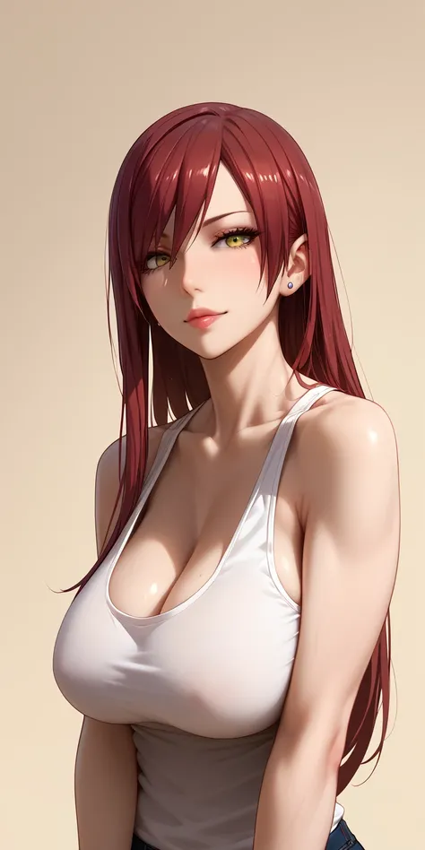 Score_9, Score_8_up, Score_7_up, Score_6_up, Score_5_up, Score_4_up, Source_anime, anime art, anime style, masterpiece, best quality, 1girl, mature woman, milf, curvaceous, thick body, long hair, side bangs, maroon hair, tank top, saggy breasts, erza, sedu...