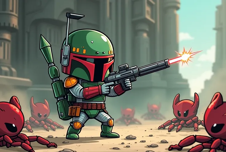 Create a full body illustration , in Chibi style/cartoon of the character  " Boba Fett" of the franchise " Star Wars".  He wears his classic armor and is fighting against 4-armed insectoid aliens. with your " blaster".   Several of them are lying on the gr...