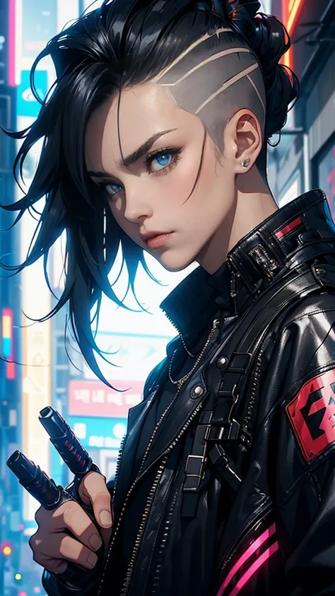 (masterpiece:1.1), (Best Quality:1.1),, (smoother lighting:1.05), (Improve the quality of cinematic lighting:0.9), 1 girl, cyberpunk, Samurai Jacket: A replica of Johnny Silverhands iconic jacket, featuring bold graphics and a sleek design Long, Mohawk: A ...