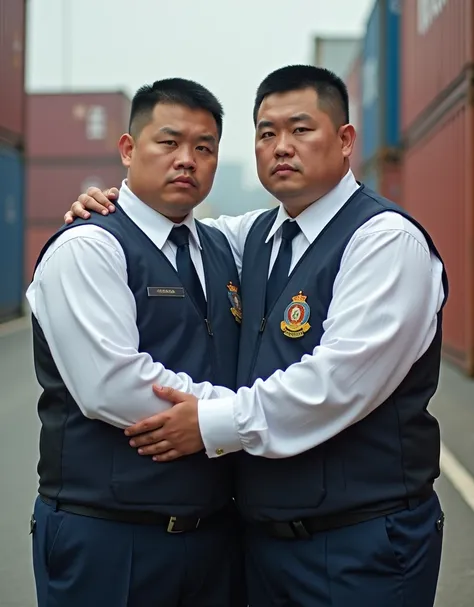  Best Quality ,  facial focus,  Ultra High Resolution , (Reality:1.4),  RAW Photo , Two obese young Chinese men wearing police vests，Short hair flat head， white shirt ，Lips tightly closed，Dark blue tie、 have a serious expression ， facing the camera，Contain...