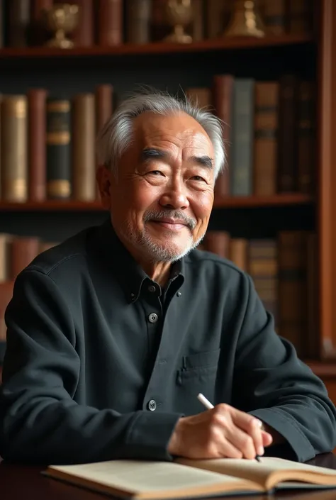 Image as avatar for YouTube channel image featuring a 50-year-old Asian businessman man in a lavish study ,understand ancient teachings with smiling face  ,  Gentle  , love 