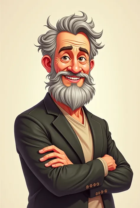 Create a cartoon image of a charismatic mid age man who’s legendary at philosophy, storytelling. Emotion = neutral. 