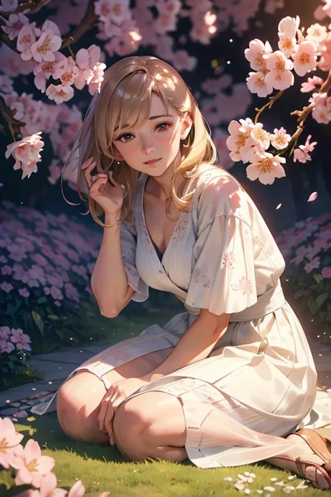 a beautiful elderly woman kneeling in a cherry blossom garden, wearing an elegant white dress, (best quality, 4k, 8k, highres, masterpiece:1.2), ultra-detailed, (realistic, photorealistic, photo-realistic:1.37), HDR, UHD, studio lighting, ultra-fine painti...