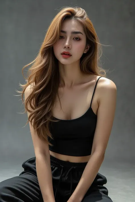 A photoshoot for the Korean magazine Dazed, where the very beautiful Korean actress poses for the camera. The photos are futuristic, stylish and show off her toned figure. She has long hair, beautiful make-up, and is wearing a black tank top and tight jogg...