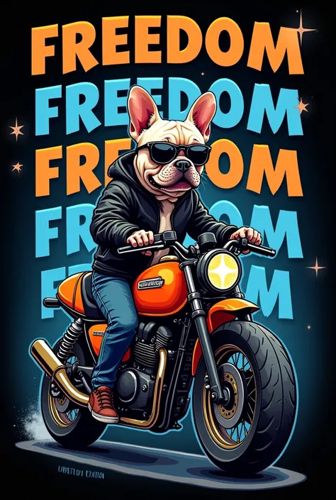 A cartoon-style illustration of a French Bulldog wearing sunglasses and a black leather jacket, sitting on an orange motorcycle. The background features the word FREEDOM repeated multiple times, with the numbers 60 and the phrases LIMITED EDITION and ADVEN...