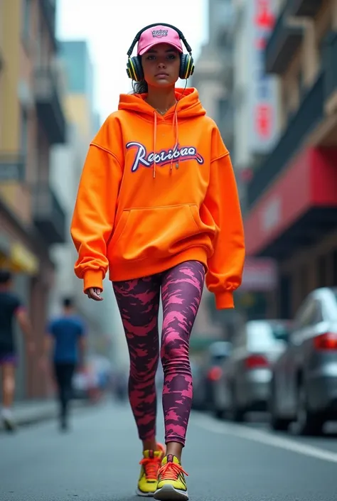 " Imagine Karol G in an urban environment ,  wearing a vibrant sports outfit .  She wears an oversized neon sweatshirt with the logo of her favorite brand ,  combined with tight leggings that highlight her figure .  Her sneakers have a modern and colorful ...