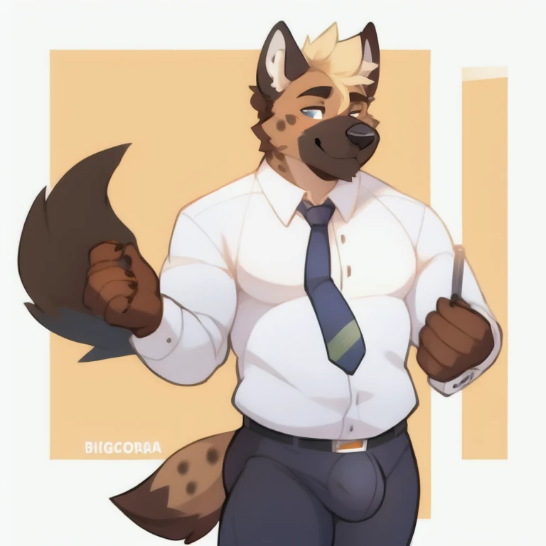 Drawn by bigcozyorca, drawn by furry artist,a male anthro hyena  wearing office work attire and necktie, male yeen, hyena fursona, by himself, hyena fursona, formal , wearing underwear, bulge