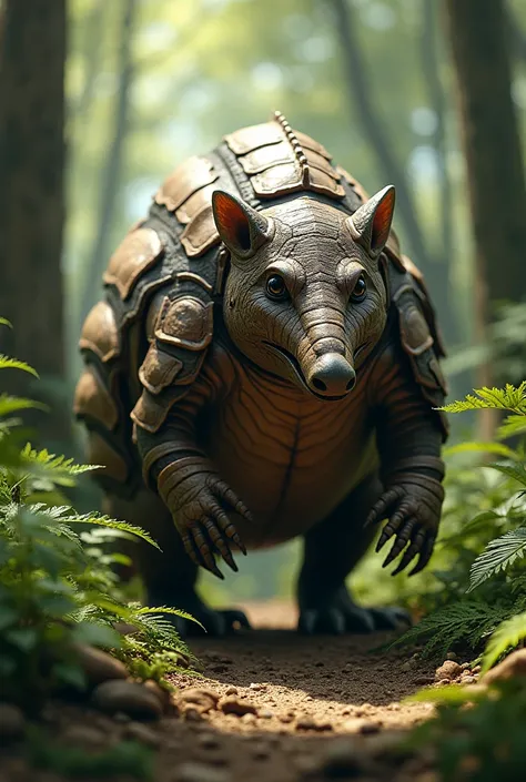  Create a realistic photo image in aspect ratio 9:16 From an aggressive hybrid fusion of a platypus and an armadillo in a forest 