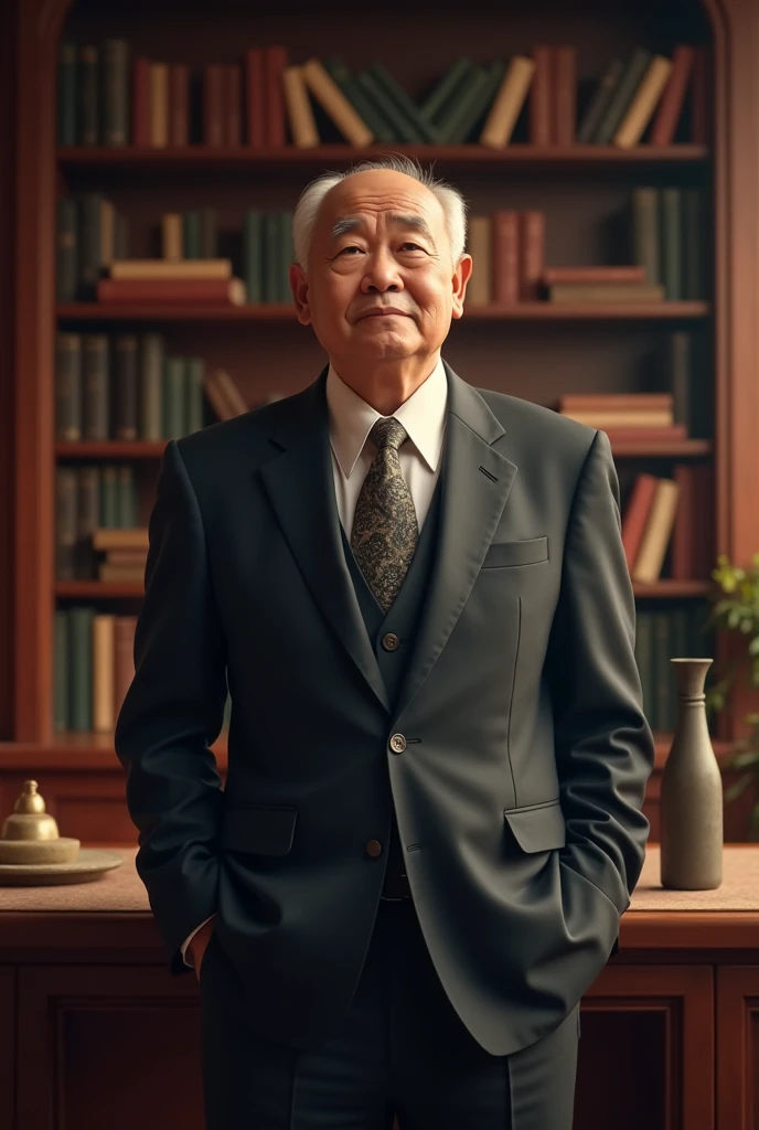  image as avatar for YouTube channel image featuring a 55-year-old Asian businessman man in a lavish study , understands ancient teachings  ,  Gentle  , love  , Look straight with confidence. , authority  