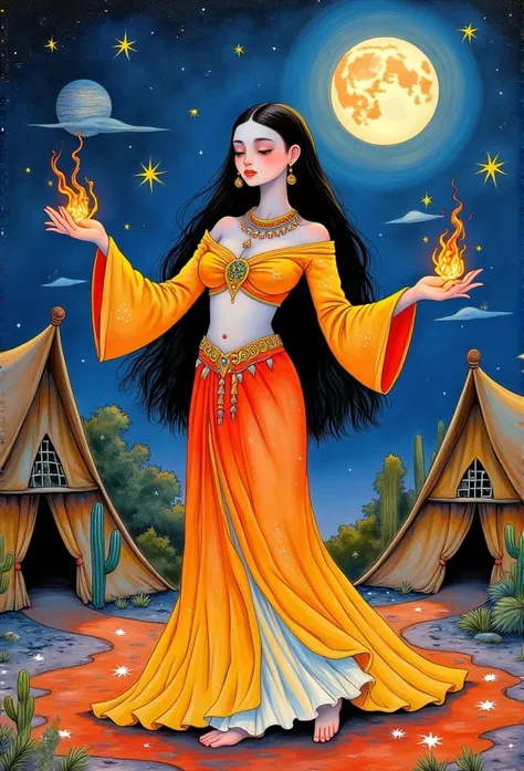      young beautiful woman Scheherazade ,   in a beautiful oriental dancer costume with trousers and an open belly,   in both her hands she holds fire , around her Eastern tent ,    the fire is burning and the moon is full ,  Long hair, Compose           ,...