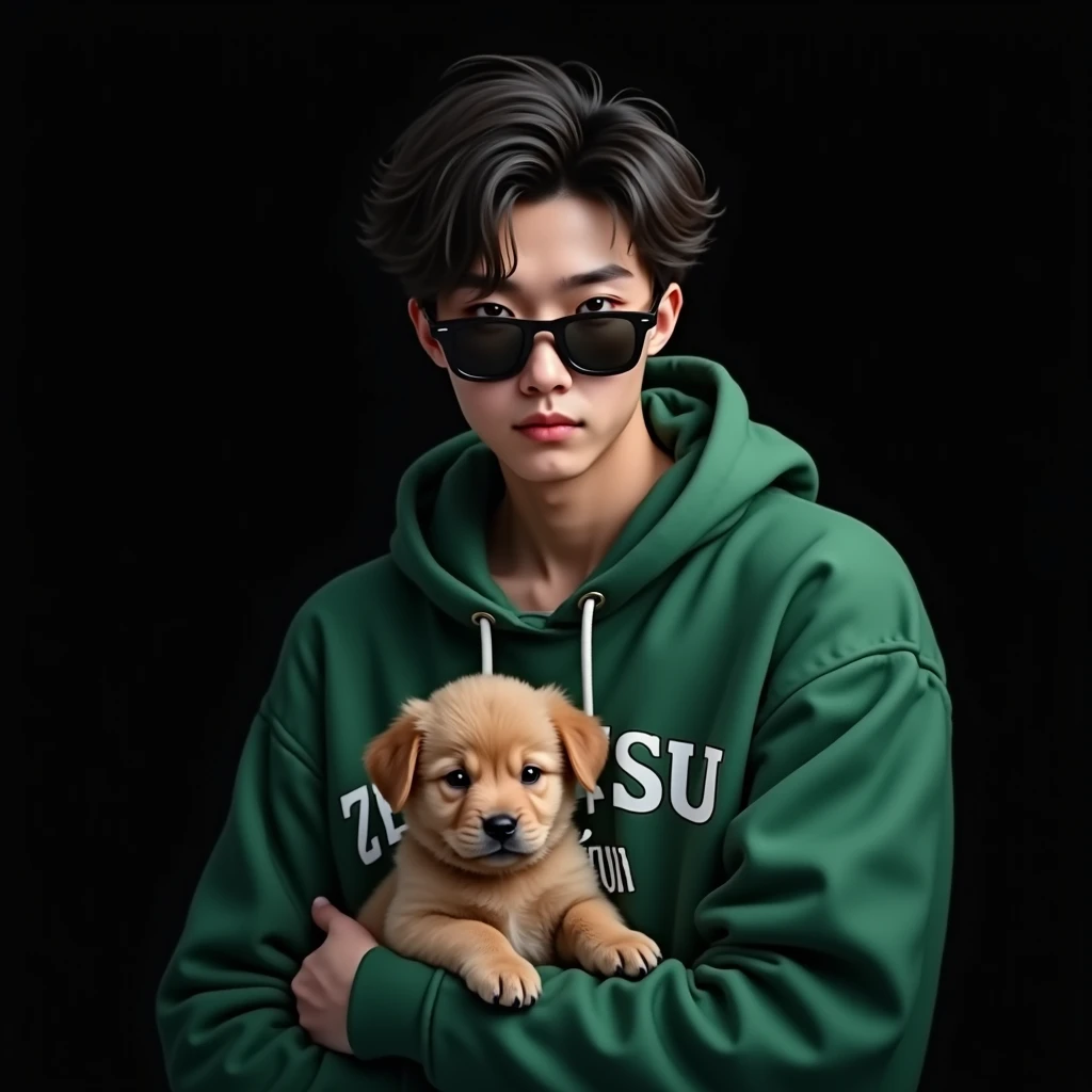 Photo realistic of a handsome korean boy wearing emerald hoodie , casual black gray hair and sunglasses , holding a fluppy puppy . Name " zetsu" written on his attire . Black background