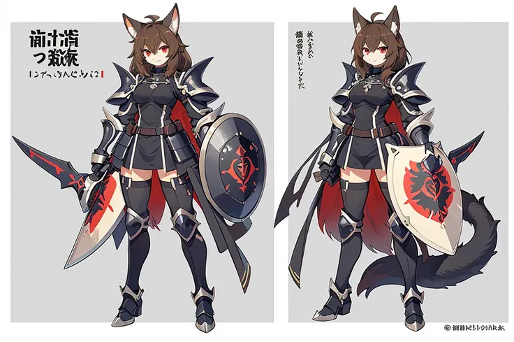  black background with spotlights、kishi-v2(A knight with a black and evil 々 shield、Wear armor ,  brown hairの毛、 Red Eyes,  1 girl),　I put on black tights、  1 girl, in ,  fox girl, in female,  fox ears,  animal ears  , Nazuna_Hiwatashi,  brown hair,Long Hair...