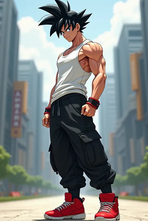 Generate a male teenager with an average sporty body wearing white, black and red clothing and Gokus hair 