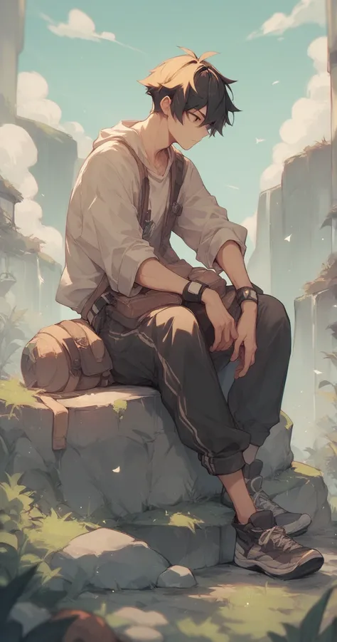  Otokonoko boy siren,  sitting on a rock 