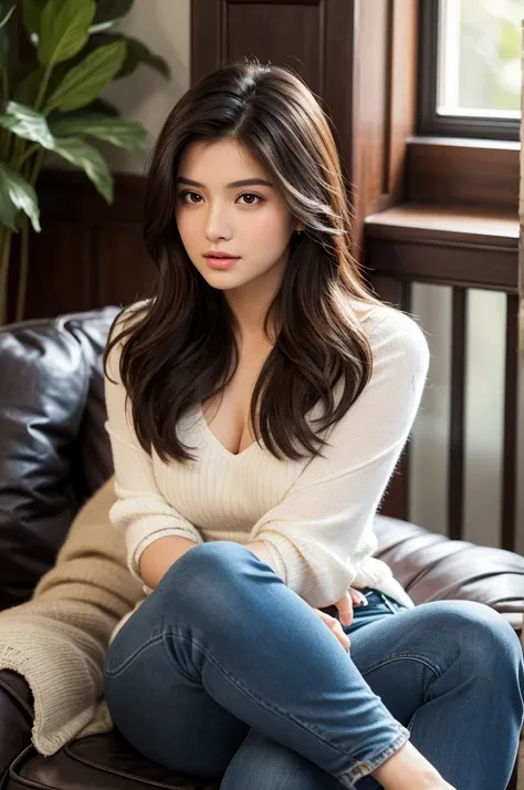 Realistic image of a 20-year-old woman of mixed Pakistani (Pashtun) and Chinese descent. She has dark brown hair, large expressive dark brown eyes, and flawless, bright white skin. Her face is strikingly beautiful, and her body is sexy and elegant. She is ...