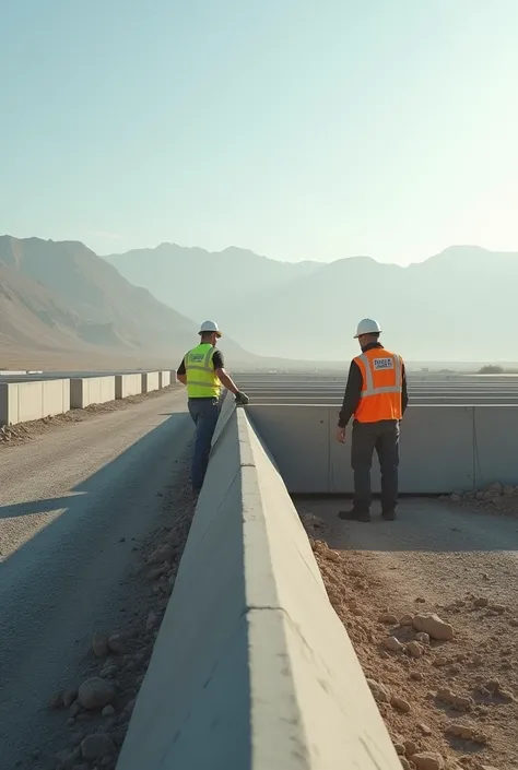 two men dressed in safety vests and , that they are doing the installation of concrete perimeter fences with design in a lot, that they are in a distant place 