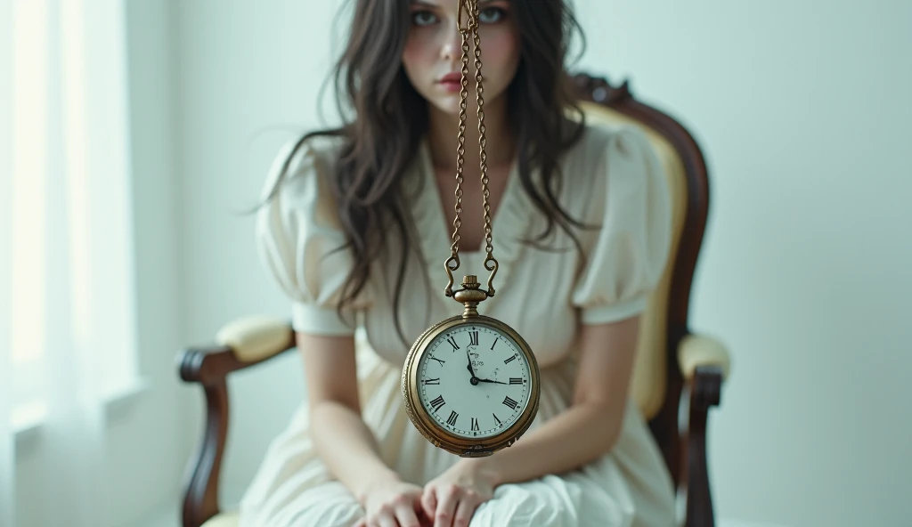    creates a realistic image   :      in the foreground from the front  :   an antique pocket watch hanging held by its chain by unknown hands (third person)(  allusion to hypnosis  )
  In the background behind the watch  :  a woman with a very white compl...